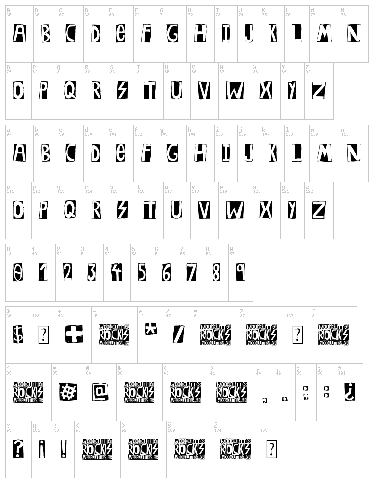 Woodcutter Rocks font map